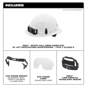 BOLT White Type 1 Class E Full Brim Non Vented Hard Hat w/4 Point Ratcheting Suspension W/BOLT Clear Dual Coat Eye Visor