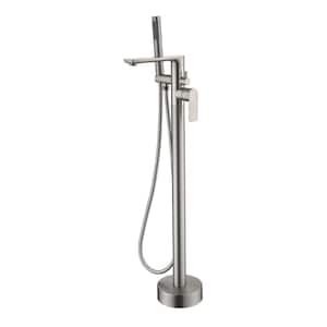 Single-Handle Floor Mount Freestanding Tub Faucet with Handheld Sprayer and 360° Rotating Spout in Brushed Nickel