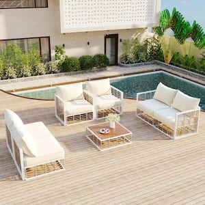 White Metal 7-Piece Patio Outdoor Sectional Sofa Set with Beige Cushions and 2-Extendable Side Tables
