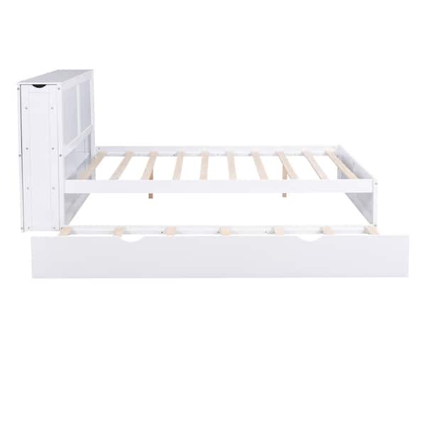White Wooden Frame Queen Size Platform Bed with Trundle and Shelves