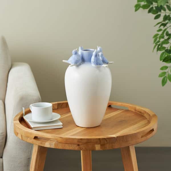 Litton Lane 13 in. White Ceramic Urn Decorative Vase with Blue Bird Accents