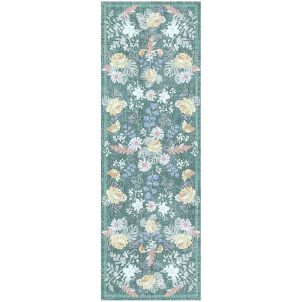 Botanical Washables 2 ft. x 6 ft. Green Multicolor Floral Contemporary Runner Area Rug