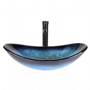 Bathroom Oval Glass Vessel Sink with Faucet in Ocean Blue