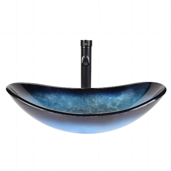 Flynama Bathroom Oval Glass Vessel Sink with Faucet in Ocean Blue
