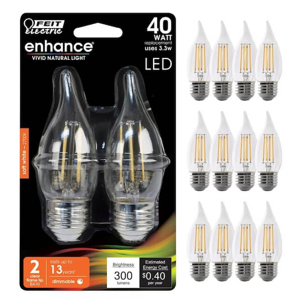 40-Watt Equivalent BA10 E26 Medium Dimmable Filament CEC Flame Tip Chandelier LED Light Bulb Soft White 2700K (12-Pack)
