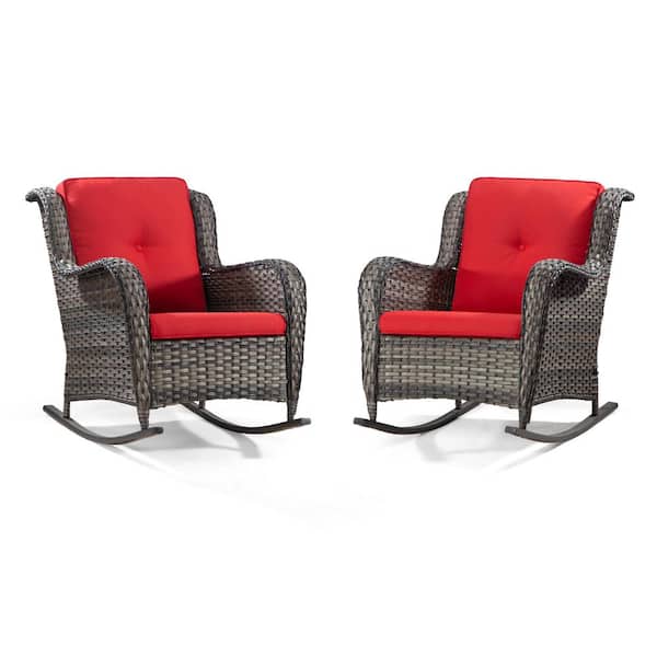 JOYSIDE Wicker Outdoor Rocking Chair Patio with Red Cushion (2-Pack)