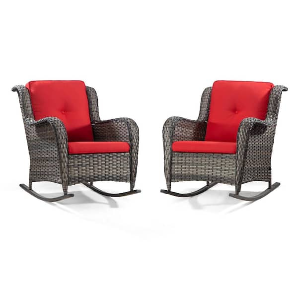 JOYSIDE Wicker Outdoor Rocking Chair Patio With Red Cushion (2-Pack ...