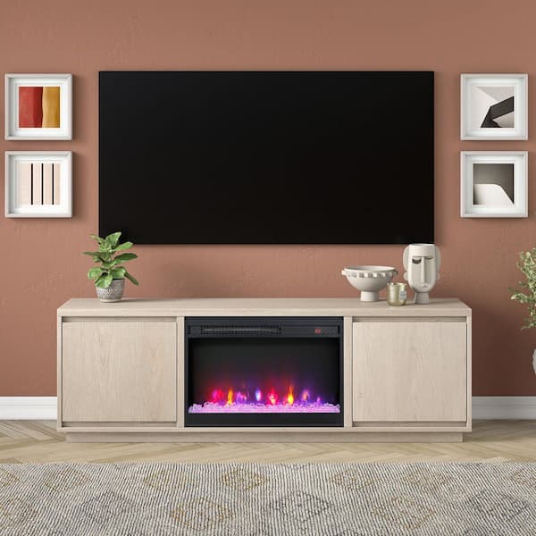 Presque 68 in. Alder White TV Stand Fits TV's up to 75 in. with Crystal Fireplace Insert