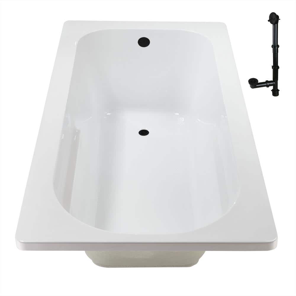 72" x 36" Glossy White Acrylic Drop-In Soaking Bathtub with Matte Black Hardware