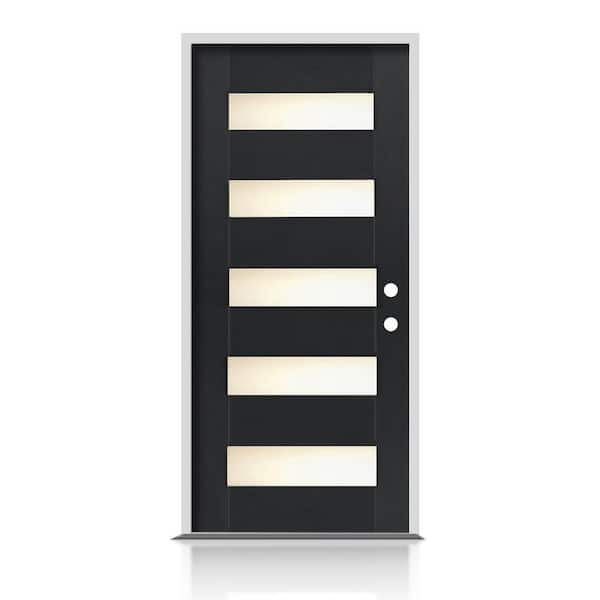 36 in. x 80 in. Left-Handed Decorative Glass Black Modern Prehung Exterior Fiberglass Front Door Slab Door