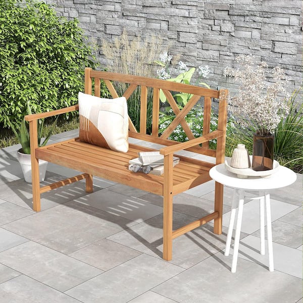Patio Acacia Wood 2-Person Slatted Bench Outdoor Loveseat Chair Garden Natural