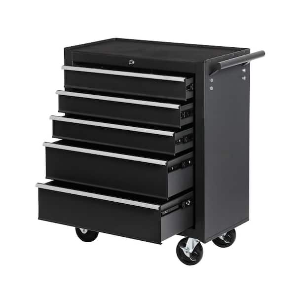 13 in. W 5-Drawer Black Rolling Tool Chest with Lock, Storage Tool Carts with Wheels, Top Cushion and Drawer Liners