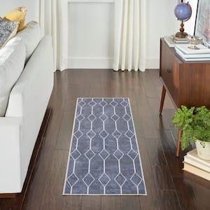 57 Grand Machine Washable Navy 2 ft. x 6 ft. Geometric Contemporary Runner Area Rug