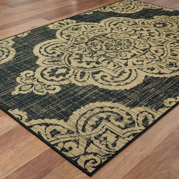 Black, Tan 7 ft. x 10 ft. Loomed Oriental Polypropylene Rectangle Indoor/Outdoor Area Rug