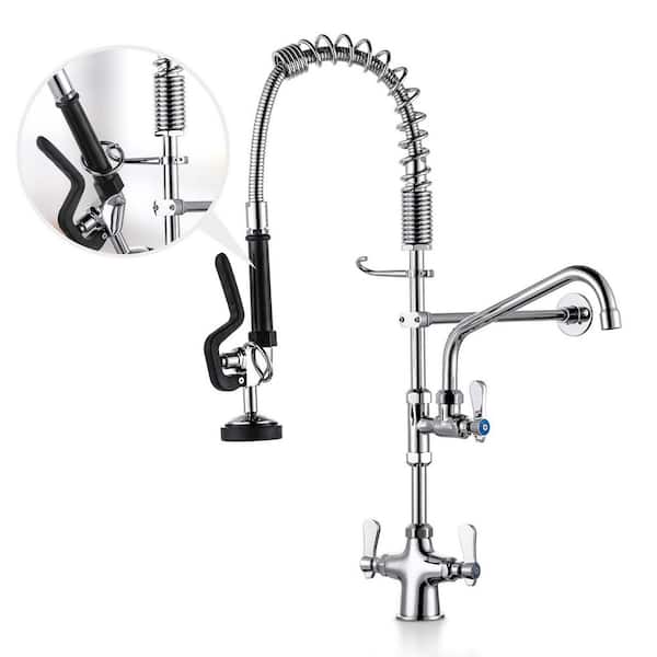 Polished Chrome Commercial Triple Handle Kitchen Faucets with Spring Pull Down Sprayer in Solid Brass