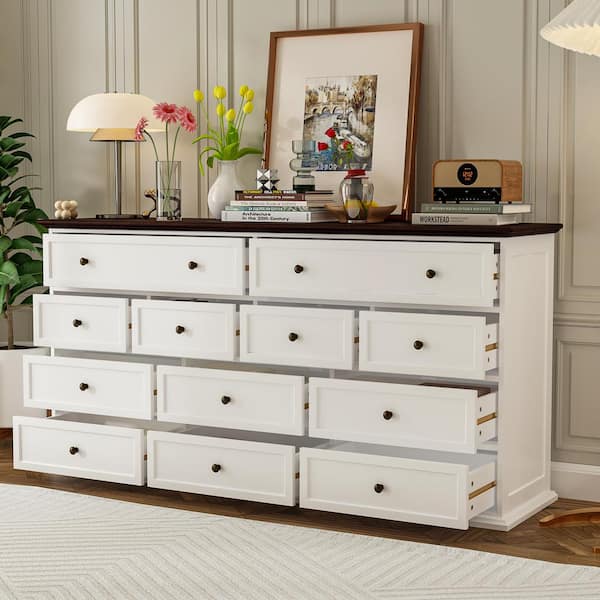 12-Drawer White Wood Dresser Storage Cabinet Vintage Style 31.5 in. H x 61 in. W x 15.7 in. D