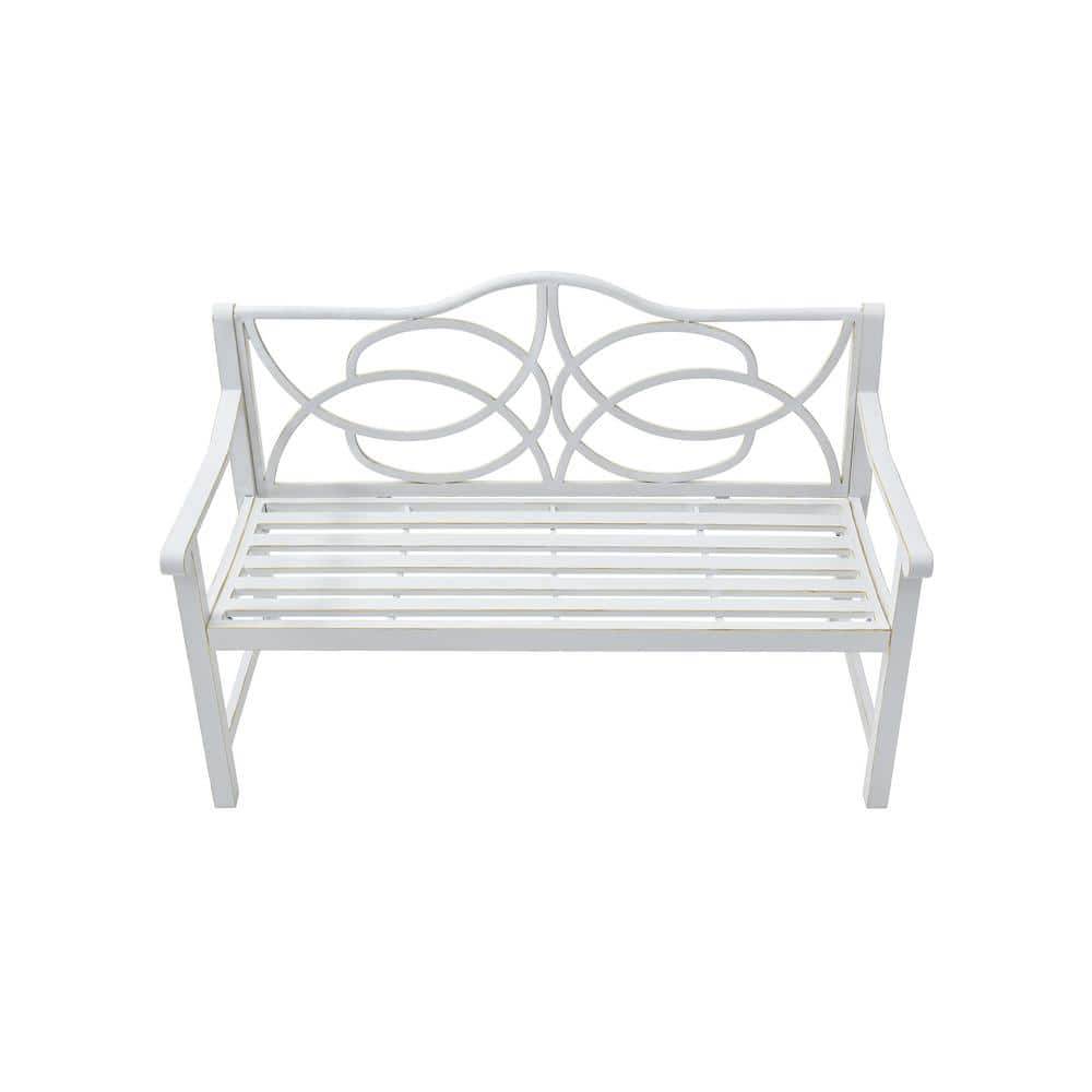 White 50 in. W Metal Outdoor Bench Steel Frame Park Bench with Backrest and