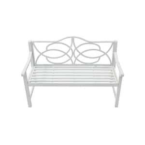 White 50 in. W Metal Outdoor Bench Steel Frame Park Bench with Backrest and Armrest Outdoor Yard and Garden Bench