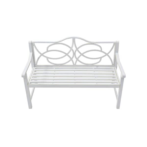 Unbranded White 50 in. W Metal Outdoor Bench Steel Frame Park Bench with Backrest and Armrest Outdoor Yard and Garden Bench