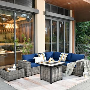 Crater Gray 7-Piece Wicker Wide-Plus Arm Outdoor Patio Conversation Sofa Set with a Fire Pit and Navy Blue Cushions