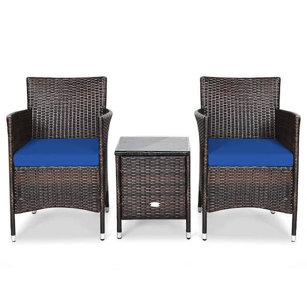 Unbranded Outdoor 3 Pieces Wicker Patio Conversation Set With Navy Cushions