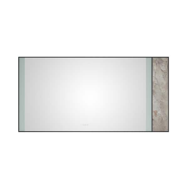 ANGELES HOME 72 in. W x 36 in. H Large Rectangular Stainless Steel Framed Stone Dimmable Wall Bathroom Vanity Mirror in Black Frame