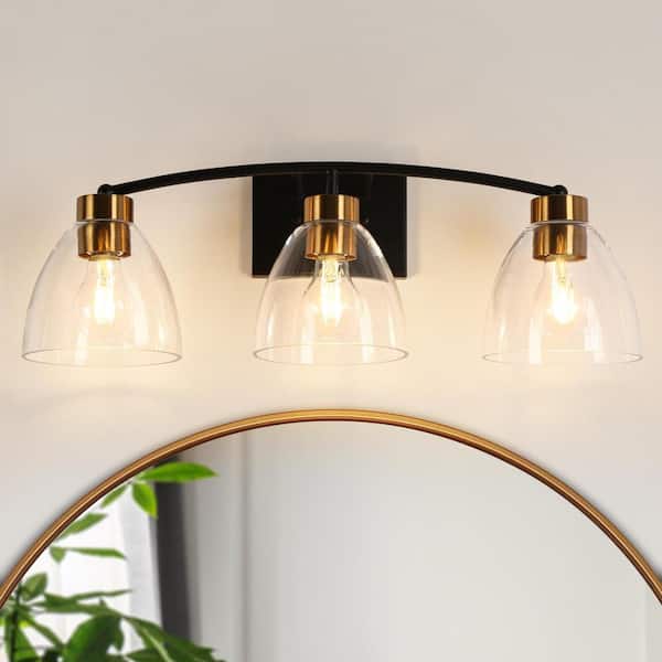 Modern 23.2 in. 3-Light Black and Brass Bath Vanity Light with Bell Clear Glass Shades Classic Wall Light LED Compatible
