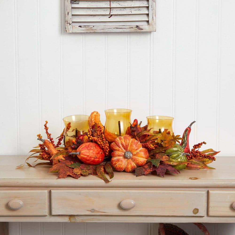 Harvest Triple Glass Candelabrum with Autumn Fruits and Foliage