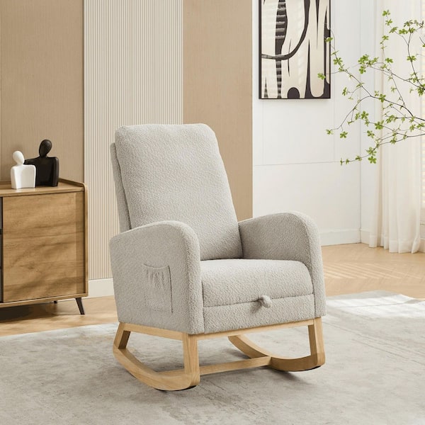 25.4 in. Light Gray Boucle High Back Fabric Rocking Chair w/Retractable Footrest and Side Pocket for Living Room Bedroom