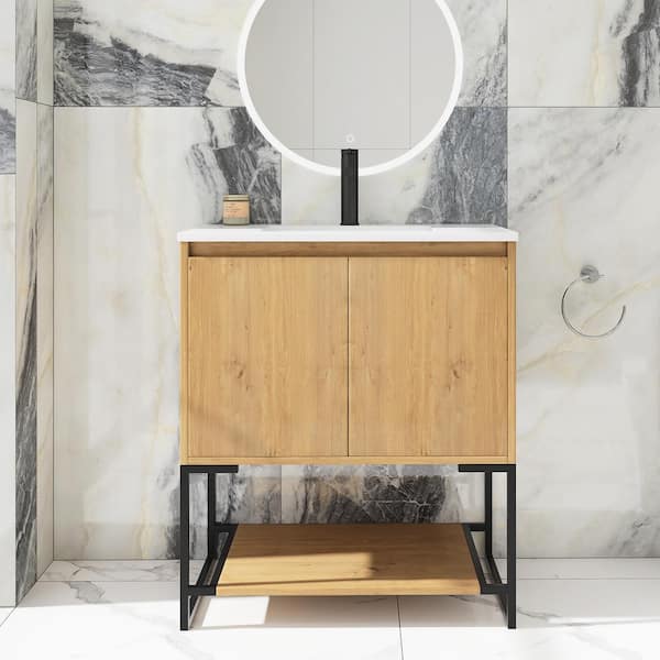 Unbranded Allen 30 in. W x 19 in. D x 34 in. H Single Sink Freestanding Bathroom Vanity in Oak with White Solid Surface Top
