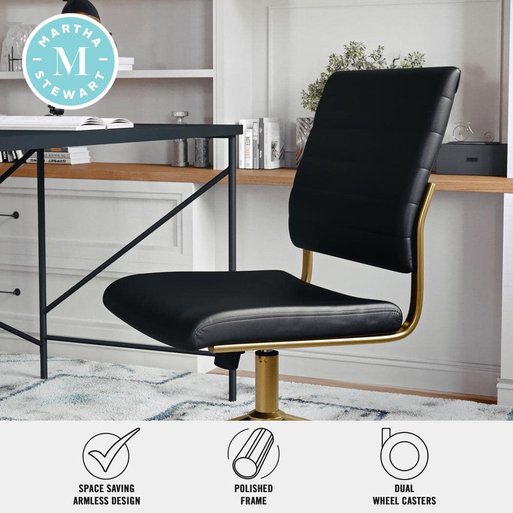 Black Faux Leather Armless Swivel Office Chair with Brass Frame