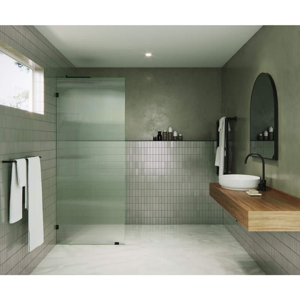 Gaia 30 in. x 78 in. Matte Black Fluted Glass Shower Panel