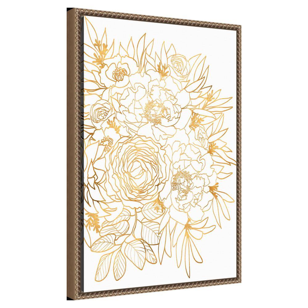 Gold Botanical-Inspired Floral Canvas Print with Beaded Frame