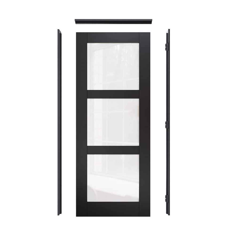 32 in. x 80 in. 3-Lite Frosted Glass Left-Hand Black Solid Core Wood Single Prehung Interior Door+ Quick Assemble Jamb price history on PriceWatchPro