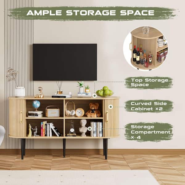 Oak MDF 54.3 in. W Sideboard Storage Cabinet with Sliding Tambour Panel Doors