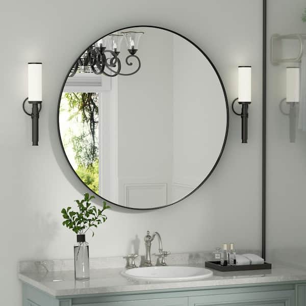 PAIHOME 30 in. W x 30 in. H Large Round Mirror Metal Framed Wall Mirrors Bathroom Vanity Mirror Decorative Mirror in Black