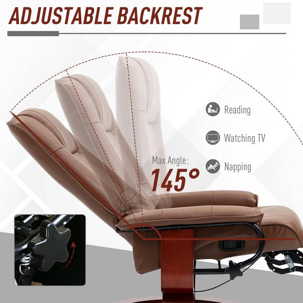 Brown Faux Leather Swivel Recliner with Wood Base