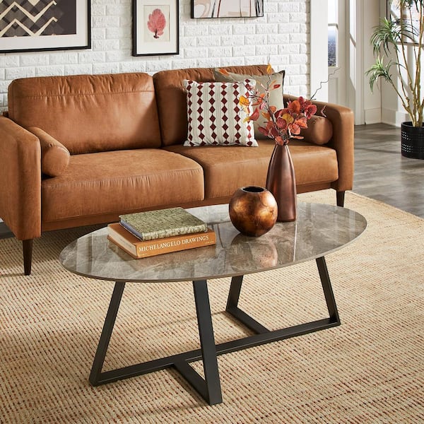 HomeSullivan 51 in. Gray Glossy Oval Sintered Stone With Gray Metal Base Coffee Table