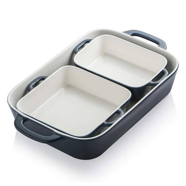Rectangular 3-Piece 3.8 qt. Navy Ceramic Baking Dish Set Oven Safe Compatible Bakeware with Lid Kitchen