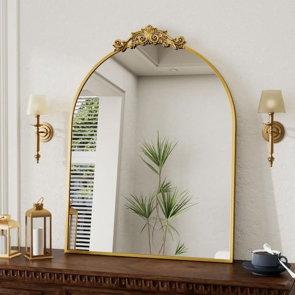 Gold 30 in. W x 40 in. H Modern Arched Carved Aluminum Alloy Framed Decoration Wall Mirror