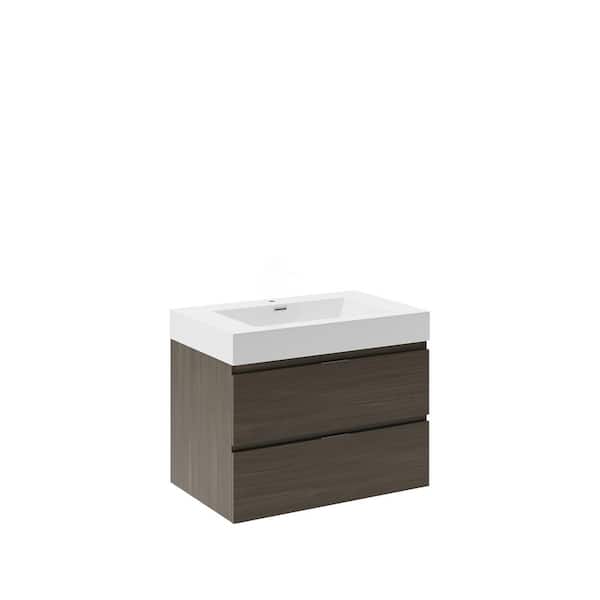 Valencia 30 in. W Wall Hung Bathroom Vanity in Gray Oak with Acrylic Vanity Top in White