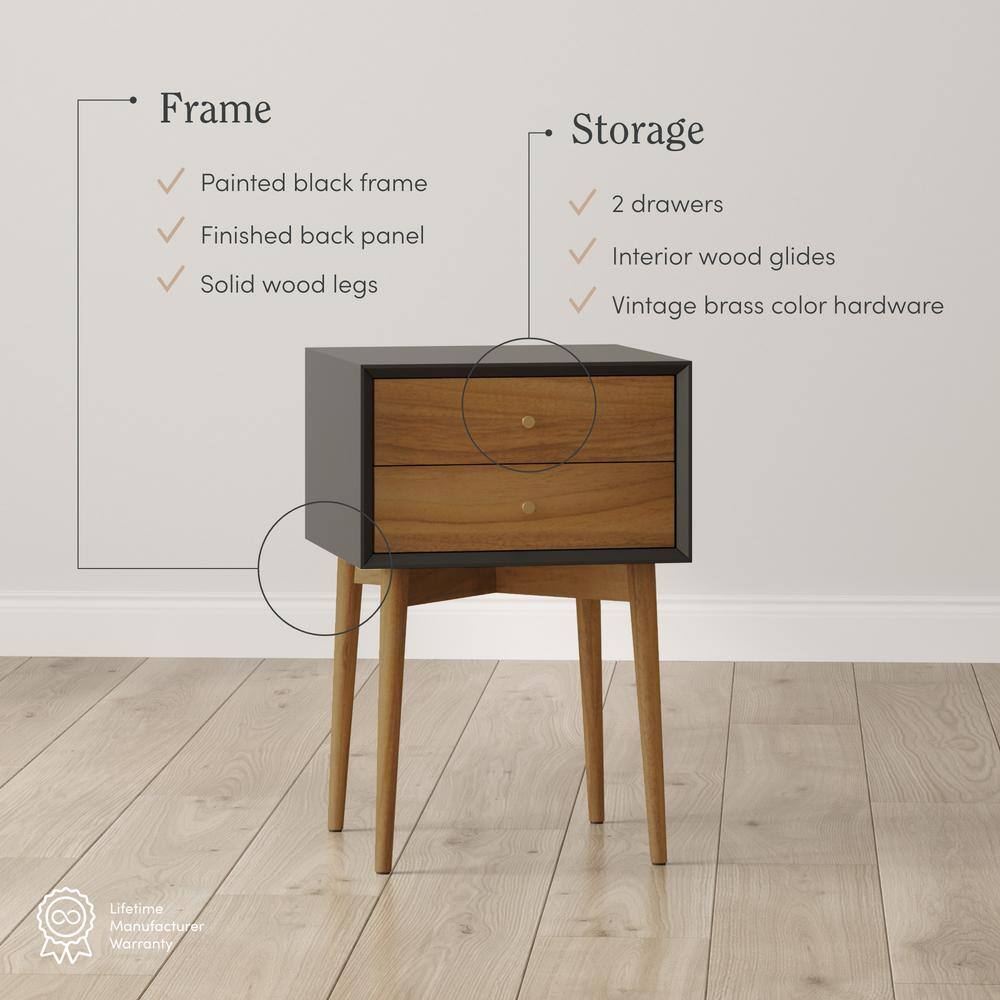 Harper Black and Brown MDF Nightstand with Pinewood Legs, Set of 2