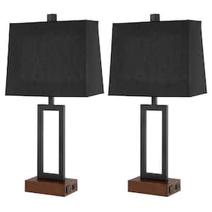 23.5 in. Black Touch Control Metal Table Lamp Set with USB Ports and AC Outlets (Set of 2)