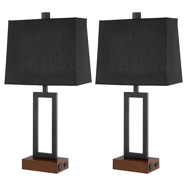 Cinkeda 23.5 in. Black Touch Control Metal Table Lamp Set with USB Ports and AC Outlets (Set of 2)