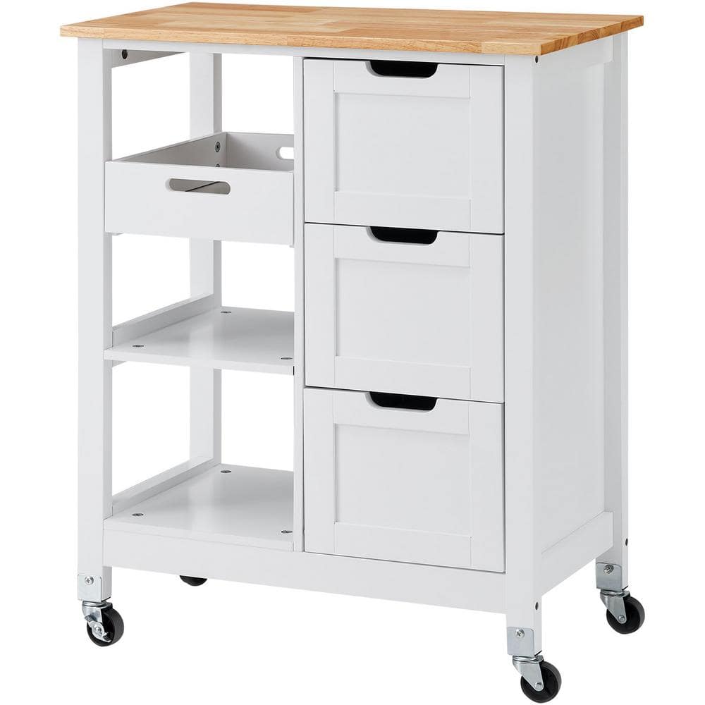 White Wood 26.37 in. Kitchen Island with Solid Wood Top, 3 Drawers and Stor