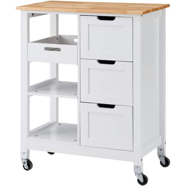 Unbranded White Wood 26.37 in. Kitchen Island with Solid Wood Top, 3 Drawers and Storage Shelves