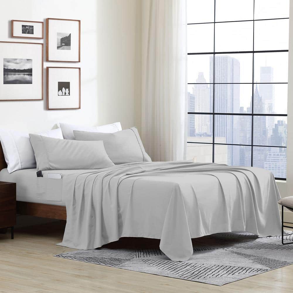 Queen Silver Microfiber Smart Sheet Set with Storage Pockets