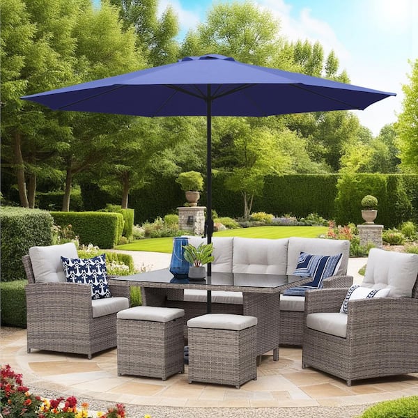 11 ft. Steel Market Crank Patio Umbrella in Navy Blue