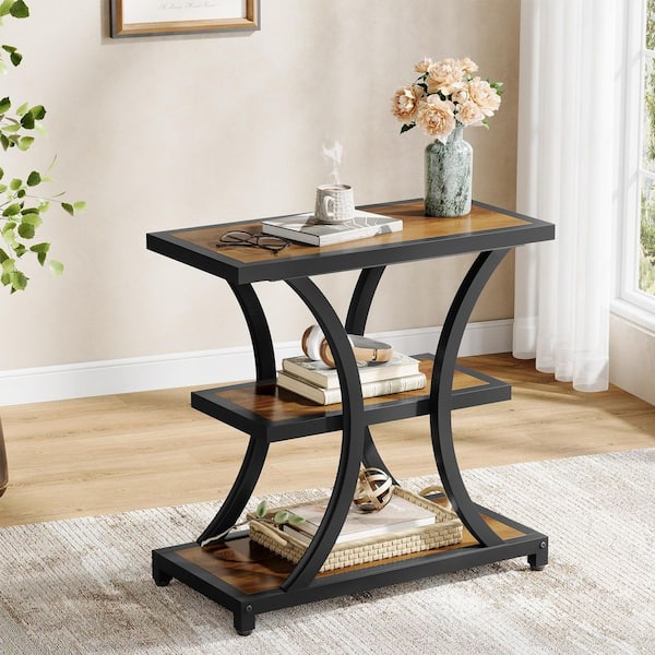23.6 in. Rustic Brown Rectangle Engineered Wood End Table with Storage Shelves, Narrow Side Table with Metal Frame