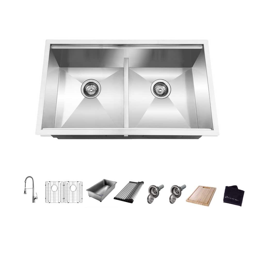Glacier Bay AIO Zero Radius Undermount 18G Stainless Steel 33 in. 50/50 Double Bowl Workstation Kitchen Sink with Spring Neck Faucet, Silver